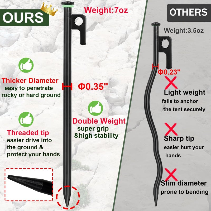 HOLANHING 20Pcs Tent Stakes, 16in Heavy Duty Tent Stakes, Dia 0.35" Forged Steel Stakes Heavy Duty for Tent Used on Rocks, Grassland, Snowfield(20Pcs 16in Stakes) - Image 2